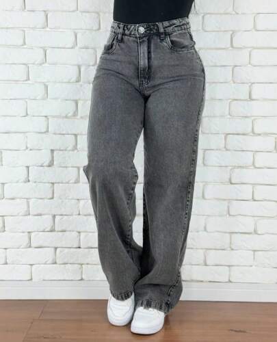 Calça Wide Leg Pantalona Jeans Feminina Cintura Alta Levanta Bumbum--88