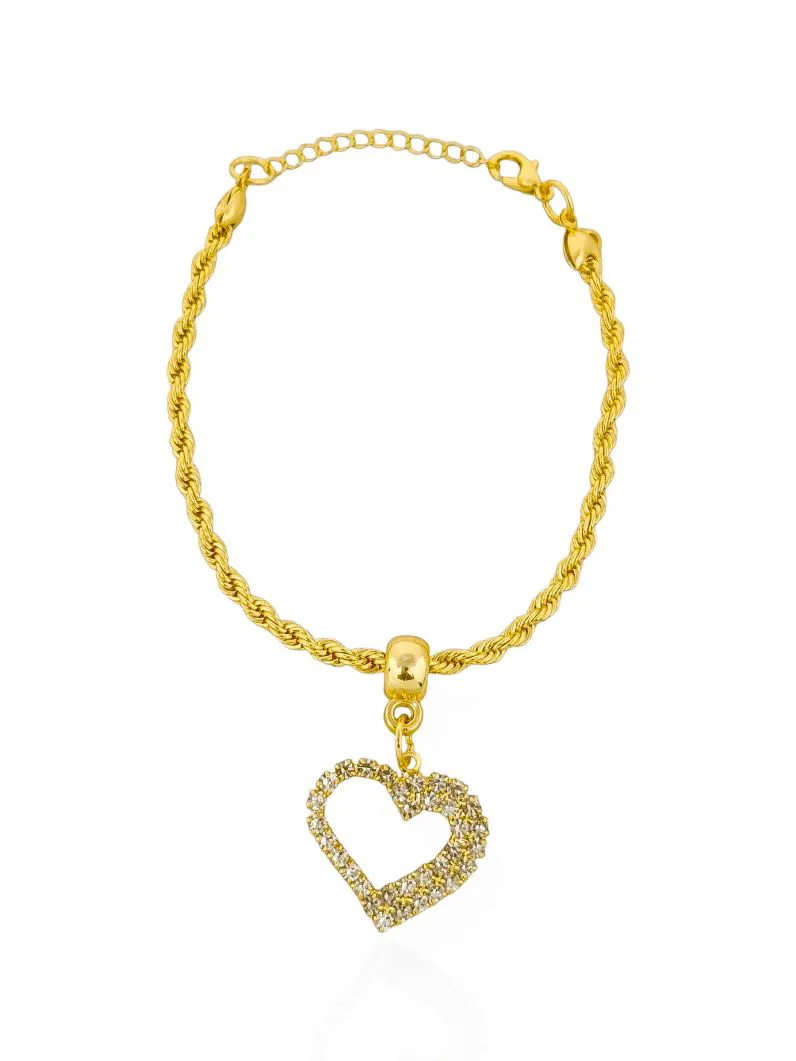 Pulseira Cordão Baiano Com Pingente Coração Cravejado