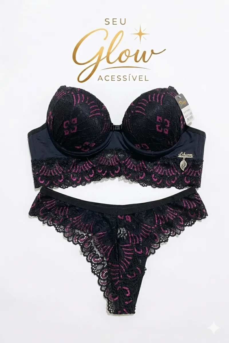Conjunto G preto com renda rosa