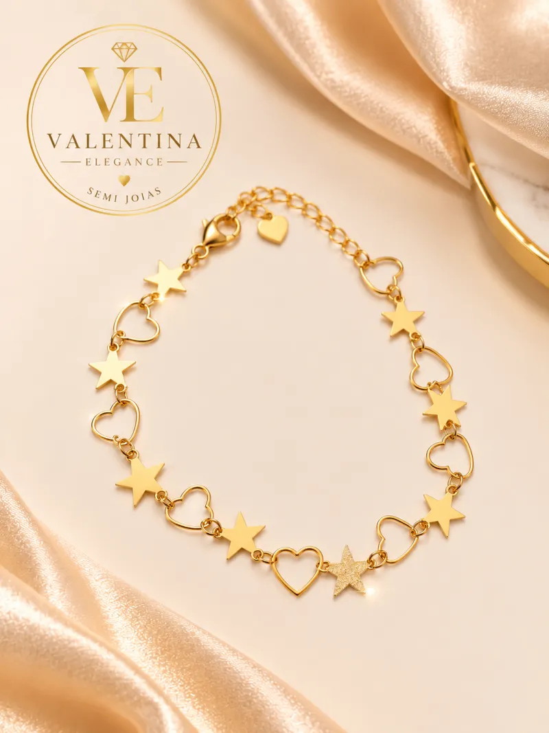 Pulseira delicada com estrelas e corações